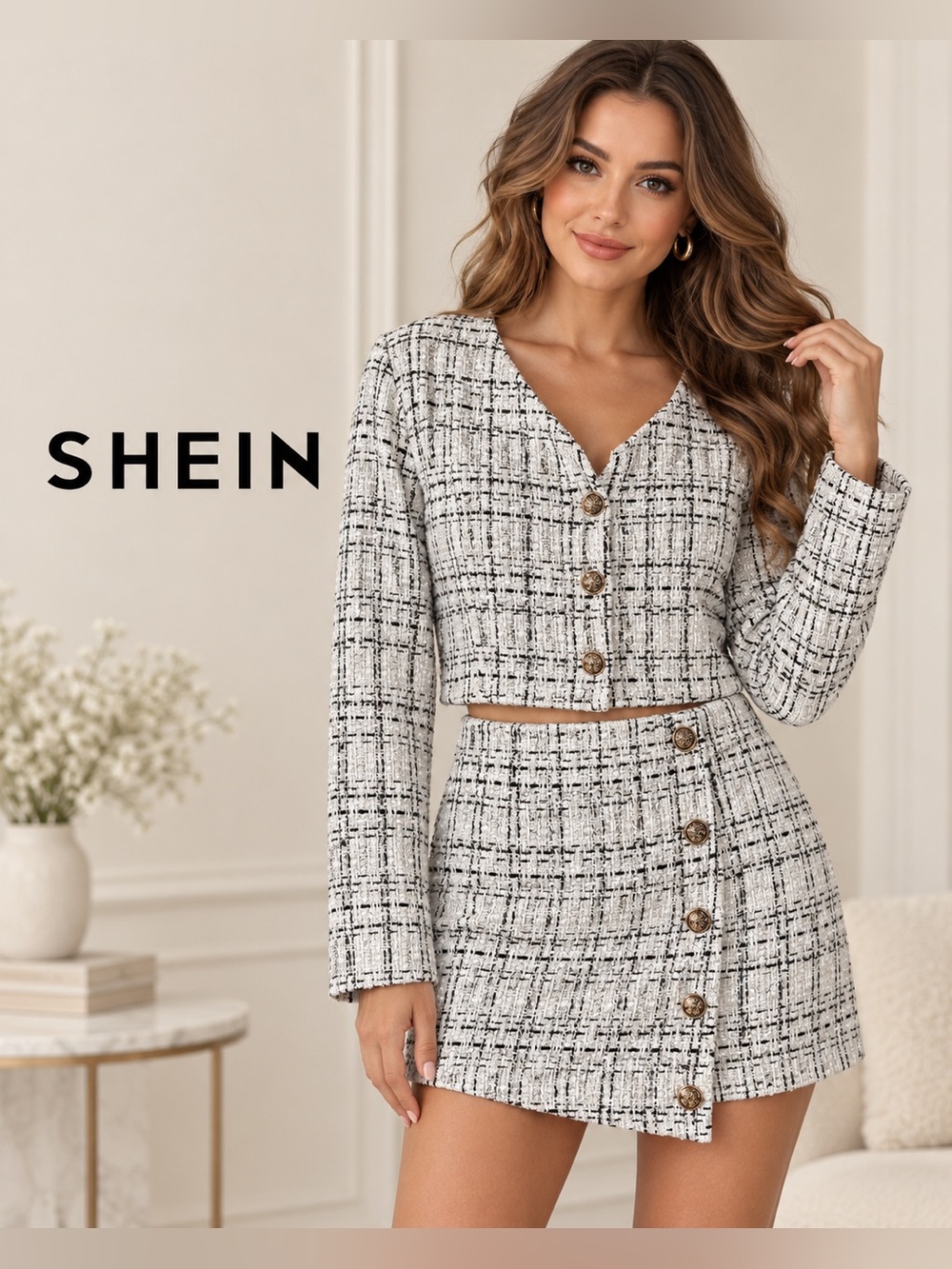 Shein White Tweed Crop Jacket & Mini Skirt Set Size M